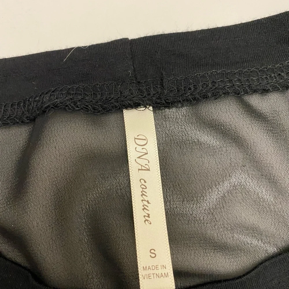 DNA Couture black 3/4 sleeve sheer back hi low top, Sz. S